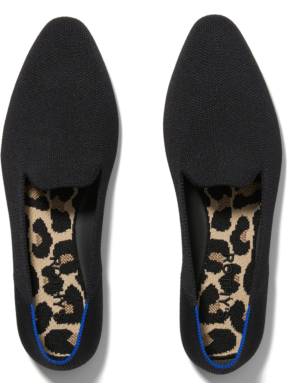 Rothy's Black Knit Slip-On Flats with Leopard Insole and Blue Trim